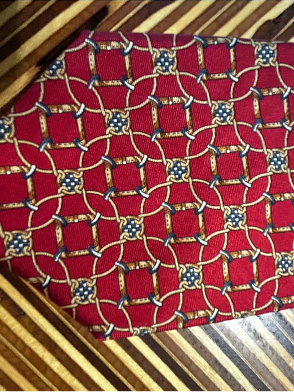 Brooks Brothers Red Silk Tie with Gold and Navy Chain Motif